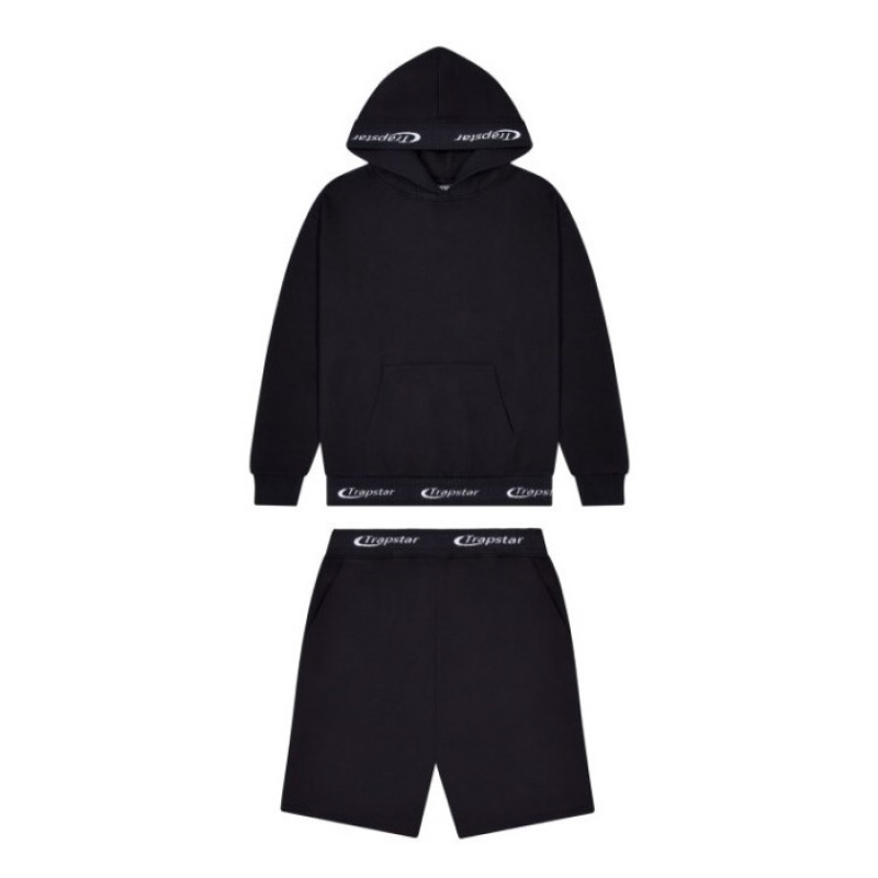 Black Men\'s Trapstar Hyperdrive Rib Hoodie Shorts Set Tracksuit USA | TO64-868