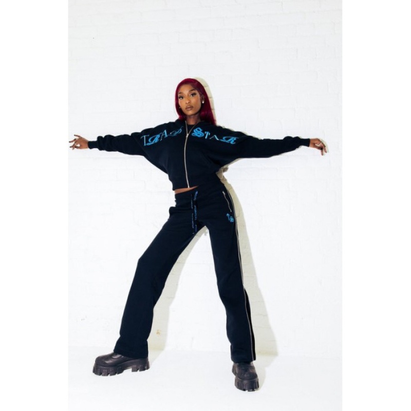 Black / Turquoise Women's Trapstar Script Zip Leg Jogging Bottoms Pants USA | UO11-064