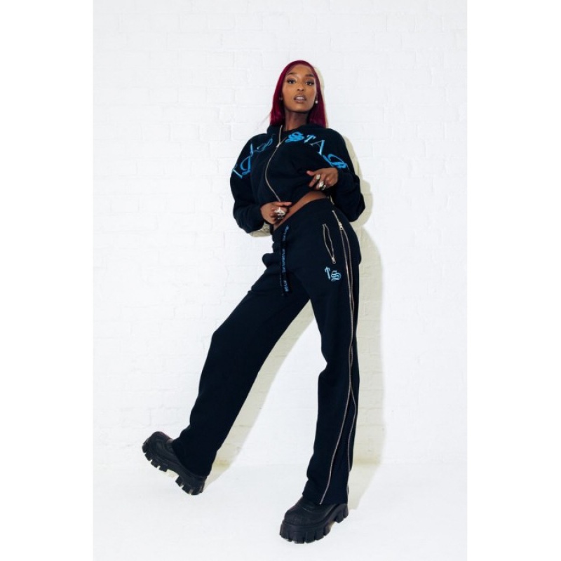 Black / Turquoise Women's Trapstar Script Zip Leg Jogging Bottoms Pants USA | UO11-064