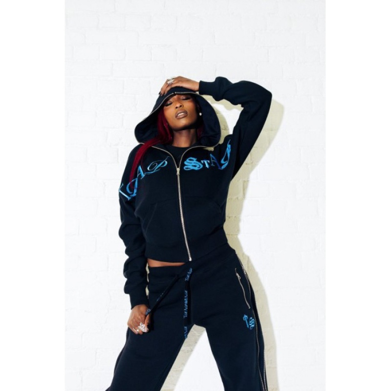 Black / Turquoise Women's Trapstar Script Zip Leg Jogging Bottoms Pants USA | UO11-064